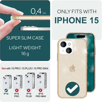 NALIA Glitzerhülle für iPhone 15 – Funkelndes Silikon Case – DAZZLIN (Transparent & Stoßfest) – Marke aus Berlin Gold NALIA Transparente Hülle