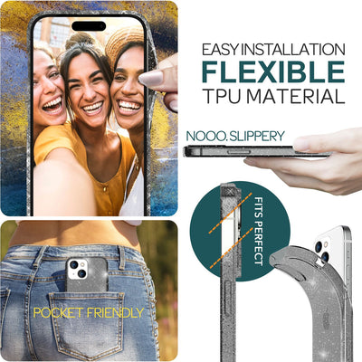 NALIA Glitzerhülle für iPhone 15 – Funkelndes Silikon Case – DAZZLIN (Transparent & Stoßfest) – Marke aus Berlin Schwarz NALIA Transparente Hülle