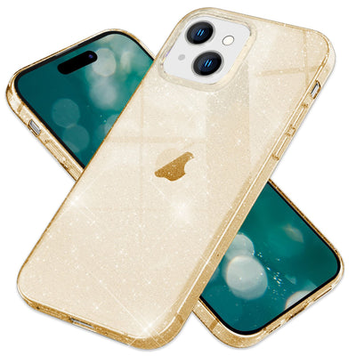 NALIA Glitzerhülle für iPhone 15 Plus – Funkelndes Silikon Case – DAZZLIN (Transparent & Stoßfest) – Marke aus Berlin Gold NALIA Transparente Hülle
