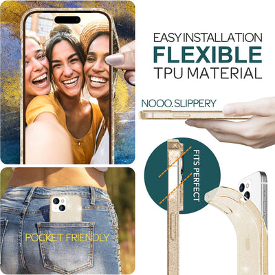 NALIA Glitzerhülle für iPhone 15 Plus – Funkelndes Silikon Case – DAZZLIN (Transparent & Stoßfest) – Marke aus Berlin Gold NALIA Transparente Hülle