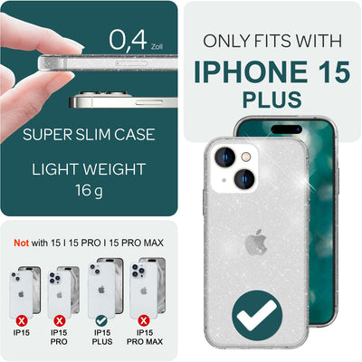NALIA Glitzerhülle für iPhone 15 Plus – Funkelndes Silikon Case – DAZZLIN (Transparent & Stoßfest) – Marke aus Berlin Transparent NALIA Transparente Hülle