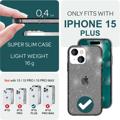 NALIA Glitzerhülle für iPhone 15 Plus – Funkelndes Silikon Case – DAZZLIN (Transparent & Stoßfest) – Marke aus Berlin Schwarz NALIA Transparente Hülle