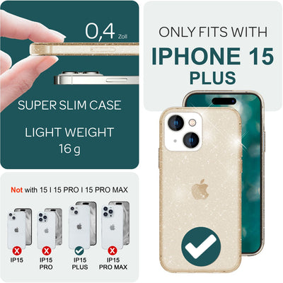 NALIA Glitzerhülle für iPhone 15 Plus – Funkelndes Silikon Case – DAZZLIN (Transparent & Stoßfest) – Marke aus Berlin Gold NALIA Transparente Hülle