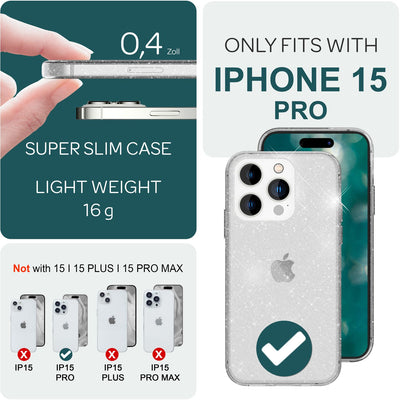 NALIA Glitzerhülle für iPhone 15 Pro – Funkelndes Silikon Case – DAZZLIN (Transparent & Stoßfest) – Marke aus Berlin Transparent NALIA Transparente Hülle