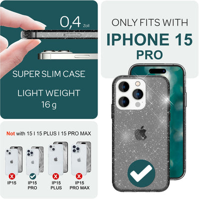 NALIA Glitzerhülle für iPhone 15 Pro – Funkelndes Silikon Case – DAZZLIN (Transparent & Stoßfest) – Marke aus Berlin Schwarz NALIA Transparente Hülle