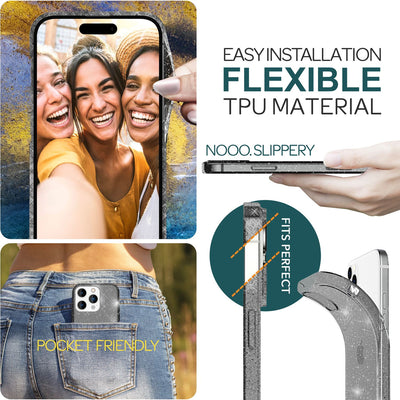 NALIA Glitzerhülle für iPhone 15 Pro – Funkelndes Silikon Case – DAZZLIN (Transparent & Stoßfest) – Marke aus Berlin Schwarz NALIA Transparente Hülle