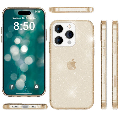 NALIA Glitzerhülle für iPhone 15 Pro – Funkelndes Silikon Case – DAZZLIN (Transparent & Stoßfest) – Marke aus Berlin Gold NALIA Transparente Hülle