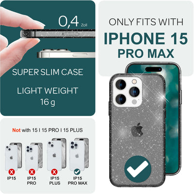NALIA Glitzerhülle für iPhone 15 Pro Max – Funkelndes Silikon Case – DAZZLIN (Transparent & Stoßfest) – Marke aus Berlin Schwarz NALIA Transparente Hülle