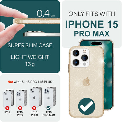 NALIA Glitzerhülle für iPhone 15 Pro Max – Funkelndes Silikon Case – DAZZLIN (Transparent & Stoßfest) – Marke aus Berlin Gold NALIA Transparente Hülle