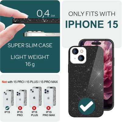NALIA Glitzerhülle für iPhone 15 – Funkelnder Glitzer-Look & Grip – SHINEPOP (Silikon Case) – Marke aus Berlin Schwarz NALIA Protective Hülle