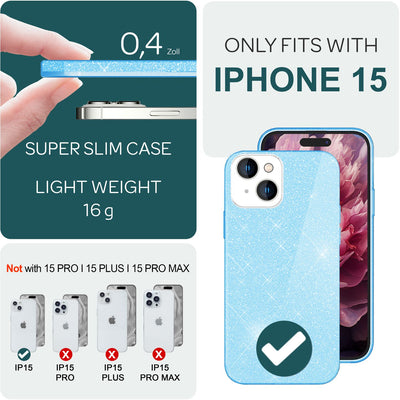 NALIA Glitzerhülle für iPhone 15 – Funkelnder Glitzer-Look & Grip – SHINEPOP (Silikon Case) – Marke aus Berlin Blau NALIA Protective Hülle