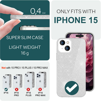 NALIA Glitzerhülle für iPhone 15 – Funkelnder Glitzer-Look & Grip – SHINEPOP (Silikon Case) – Marke aus Berlin Silber NALIA Protective Hülle