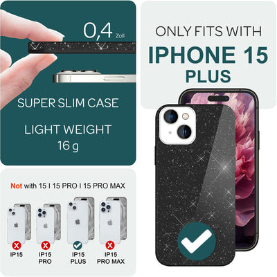 NALIA Glitzerhülle für iPhone 15 Plus – Funkelnder Glitzer-Look & Grip – SHINEPOP (Silikon Case) – Marke aus Berlin Schwarz NALIA Protective Hülle