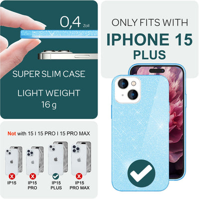 NALIA Glitzerhülle für iPhone 15 Plus – Funkelnder Glitzer-Look & Grip – SHINEPOP (Silikon Case) – Marke aus Berlin Blau NALIA Protective Hülle