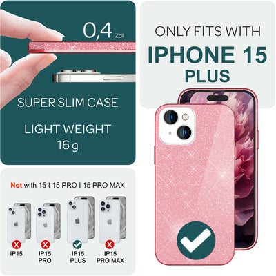 NALIA Glitzerhülle für iPhone 15 Plus – Funkelnder Glitzer-Look & Grip – SHINEPOP (Silikon Case) – Marke aus Berlin Pink NALIA Protective Hülle