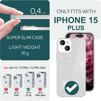 NALIA Glitzerhülle für iPhone 15 Plus – Funkelnder Glitzer-Look & Grip – SHINEPOP (Silikon Case) – Marke aus Berlin Silber NALIA Protective Hülle