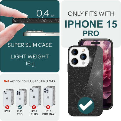 NALIA Glitzerhülle für iPhone 15 Pro – Funkelnder Glitzer-Look & Grip – SHINEPOP (Silikon Case) – Marke aus Berlin Schwarz NALIA Protective Hülle