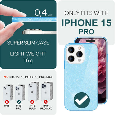 NALIA Glitzerhülle für iPhone 15 Pro – Funkelnder Glitzer-Look & Grip – SHINEPOP (Silikon Case) – Marke aus Berlin Blau NALIA Protective Hülle