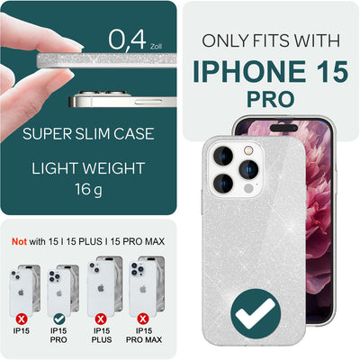 NALIA Glitzerhülle für iPhone 15 Pro – Funkelnder Glitzer-Look & Grip – SHINEPOP (Silikon Case) – Marke aus Berlin Silber NALIA Protective Hülle
