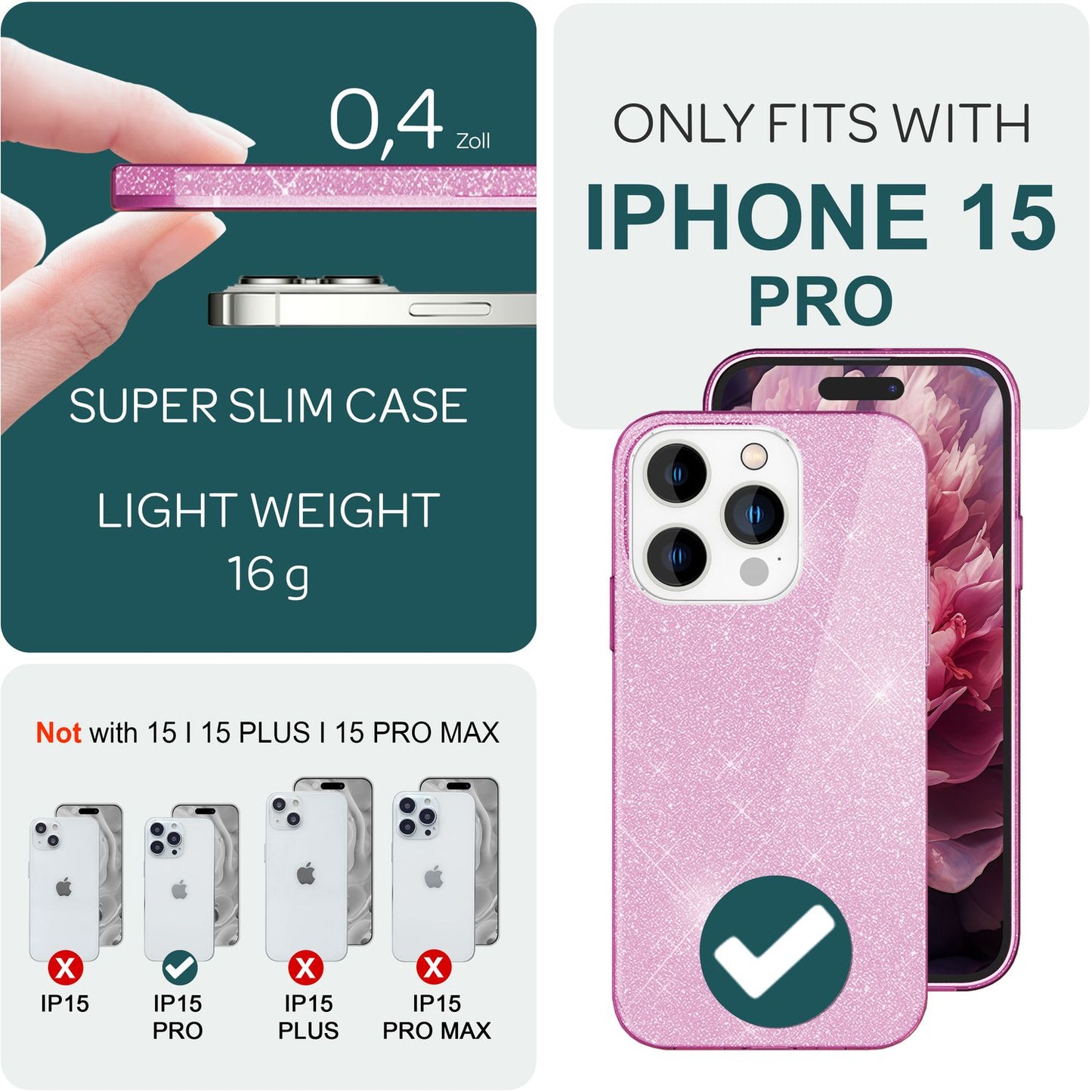 Glitzer Hülle für iPhone 15 Pro Hybrid Bling Case Silikon Handyhülle Schutz Etui
