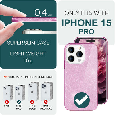 NALIA Glitzerhülle für iPhone 15 Pro – Funkelnder Glitzer-Look & Grip – SHINEPOP (Silikon Case) – Marke aus Berlin Lila NALIA Protective Hülle