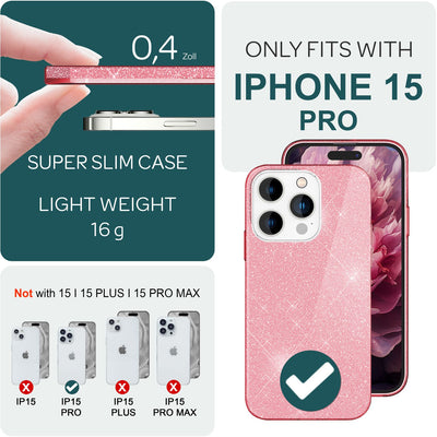 NALIA Glitzerhülle für iPhone 15 Pro – Funkelnder Glitzer-Look & Grip – SHINEPOP (Silikon Case) – Marke aus Berlin Pink NALIA Protective Hülle