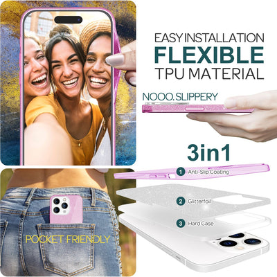 NALIA Glitzerhülle für iPhone 15 Pro – Funkelnder Glitzer-Look & Grip – SHINEPOP (Silikon Case) – Marke aus Berlin Lila NALIA Protective Hülle