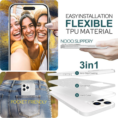 NALIA Glitzerhülle für iPhone 15 Pro – Funkelnder Glitzer-Look & Grip – SHINEPOP (Silikon Case) – Marke aus Berlin Silber NALIA Protective Hülle