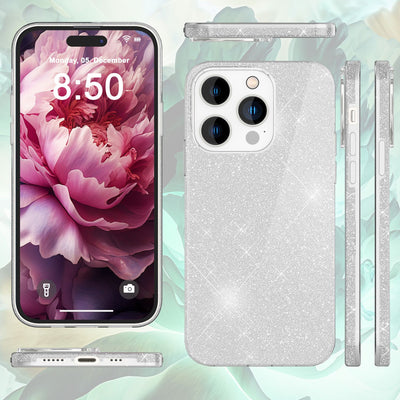 NALIA Glitzerhülle für iPhone 15 Pro – Funkelnder Glitzer-Look & Grip – SHINEPOP (Silikon Case) – Marke aus Berlin Silber NALIA Protective Hülle