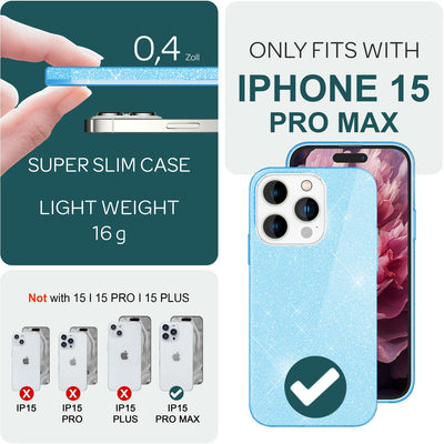 NALIA Glitzerhülle für iPhone 15 Pro Max – Funkelnder Glitzer-Look & Grip – SHINEPOP (Silikon Case) – Marke aus Berlin Blau NALIA Protective Hülle