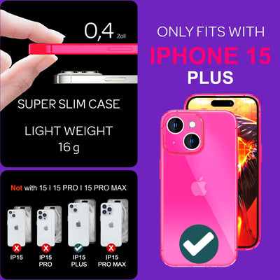 NALIA Neon Silikonhülle für iPhone 15 Plus – Knallige Signal-Farbe & Linsenschutz – VIBE (Transparentes Case) – Marke aus Berlin Pink NALIA Neon Hülle