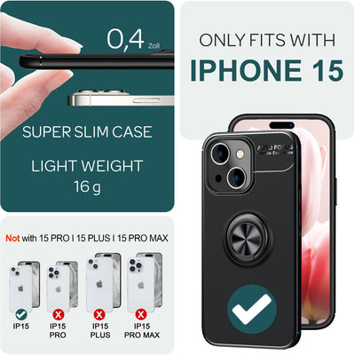 NALIA Ringhülle für iPhone 15 – Ring-Ständer 360° & für Magnet-Halter – GRIP360 (Mattiertes Silikon Case) – Marke aus Berlin Schwarz NALIA Protective Hülle