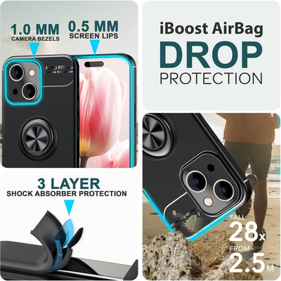 NALIA Ringhülle für iPhone 15 Plus – Ring-Ständer 360° & für Magnet-Halter – GRIP360 (Mattiertes Silikon Case) – Marke aus Berlin Schwarz NALIA Protective Hülle