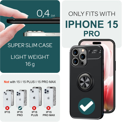 NALIA Ringhülle für iPhone 15 Pro – Ring-Ständer 360° & für Magnet-Halter – GRIP360 (Mattiertes Silikon Case) – Marke aus Berlin Schwarz NALIA Protective Hülle