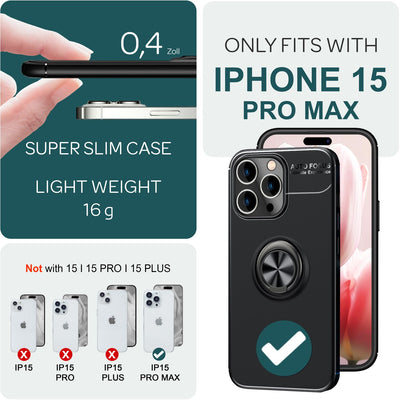 NALIA Ringhülle für iPhone 15 Pro Max – Ring-Ständer 360° & für Magnet-Halter – GRIP360 (Mattiertes Silikon Case) – Marke aus Berlin Schwarz NALIA Protective Hülle