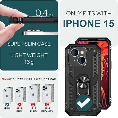 NALIA Panzerhülle für iPhone 15 – Ring-Ständer 360° & Magnet-Halterung Kompatibel – RINGDEFEND (Stoßfestes Outdoor Case) – Marke aus Berlin Schwarz NALIA Protective Hülle