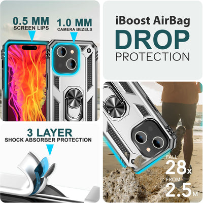 NALIA Panzerhülle für iPhone 15 – Ring-Ständer 360° & Magnet-Halterung Kompatibel – RINGDEFEND (Stoßfestes Outdoor Case) – Marke aus Berlin Silber NALIA Protective Hülle
