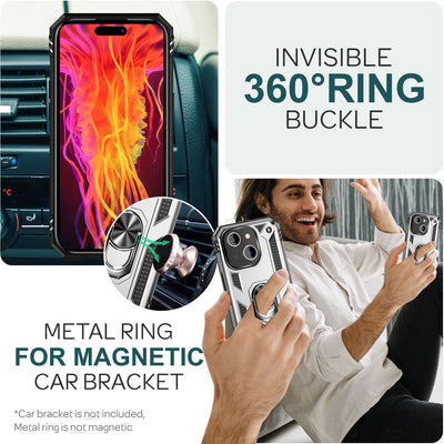 NALIA Panzerhülle für iPhone 15 – Ring-Ständer 360° & Magnet-Halterung Kompatibel – RINGDEFEND (Stoßfestes Outdoor Case) – Marke aus Berlin Silber NALIA Protective Hülle