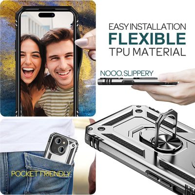 NALIA Panzerhülle für iPhone 15 – Ring-Ständer 360° & Magnet-Halterung Kompatibel – RINGDEFEND (Stoßfestes Outdoor Case) – Marke aus Berlin Silber NALIA Protective Hülle