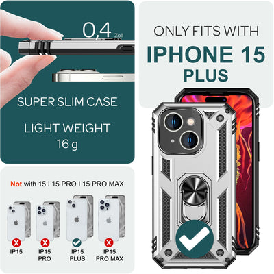 NALIA Panzerhülle für iPhone 15 Plus – Ring-Ständer 360° & Magnet-Halterung Kompatibel – RINGDEFEND (Stoßfestes Outdoor Case) – Marke aus Berlin Silber NALIA Protective Hülle