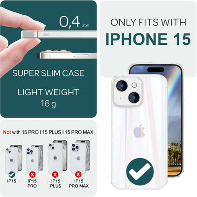 NALIA Klares Hartglas Cover kompatibel mit iPhone 15 Hülle, Durchsichtig Regenbogen Effekt Robust Anti-Gelb Tempered Glass mit Silikon, Transparent Holografisch Glänzend Schutzhülle Handyhülle Default Title NALIA Protective Hülle