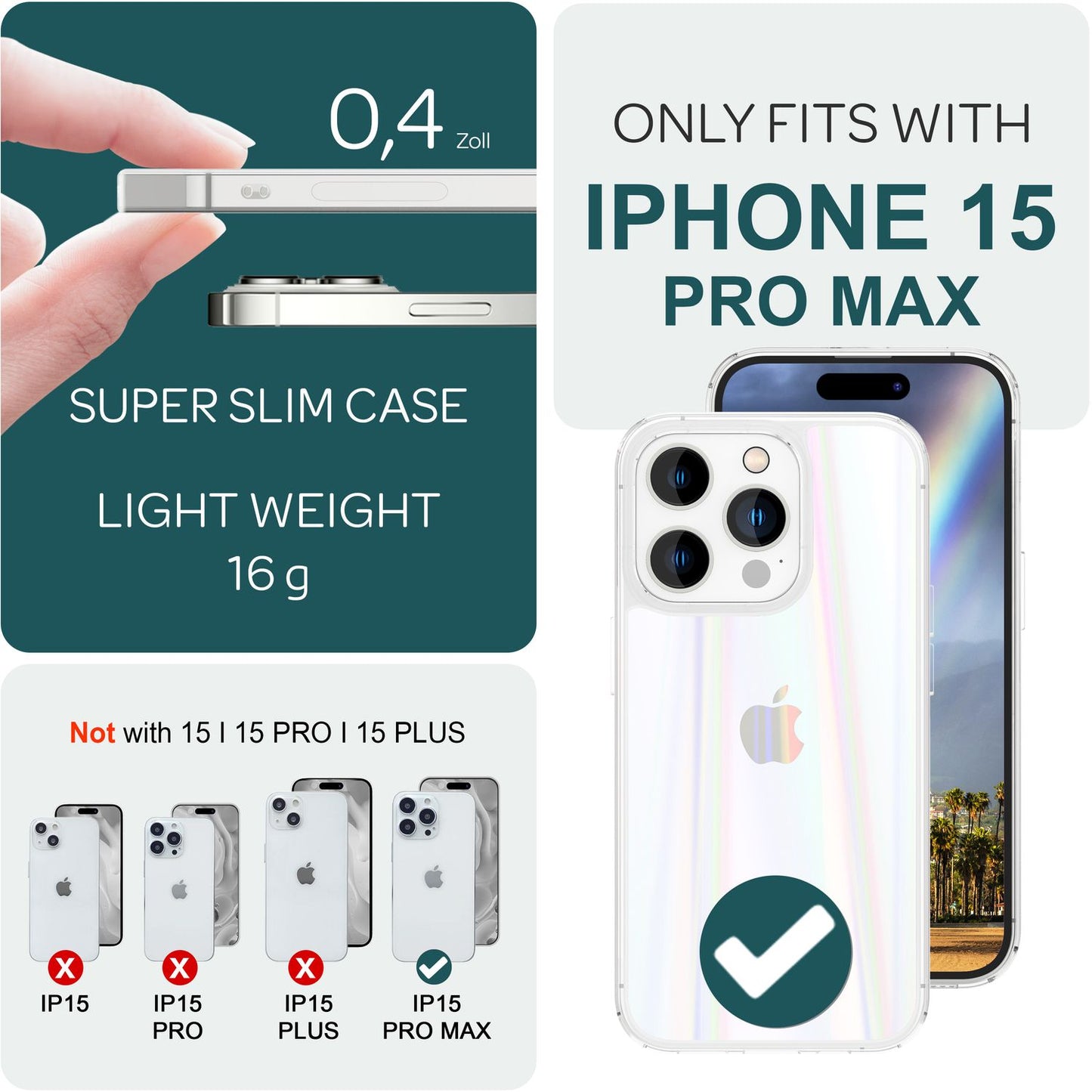 Hülle aus Glas für iPhone 15 Pro Max Regenbogen Handyhülle Klar Hard Case Schutz