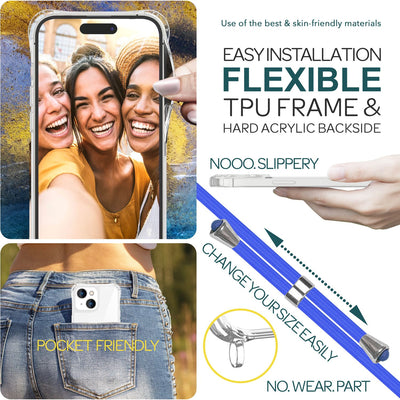 NALIA Handykette für iPhone 15 Plus – Transparentes Hybrid-Case & Band – HANGIT PRO (Anti-Gelb Rückseite & Verstellbar) – Marke aus Berlin Blau NALIA Transparente Hülle