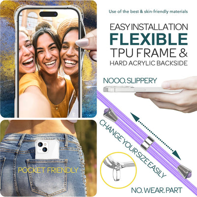 NALIA Handykette für iPhone 15 Plus – Transparentes Hybrid-Case & Band – HANGIT PRO (Anti-Gelb Rückseite & Verstellbar) – Marke aus Berlin Lila NALIA Transparente Hülle