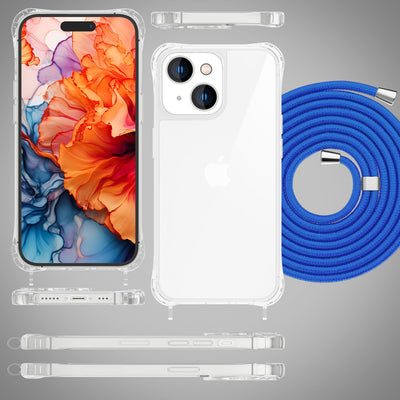 NALIA Handykette für iPhone 15 Plus – Transparentes Hybrid-Case & Band – HANGIT PRO (Anti-Gelb Rückseite & Verstellbar) – Marke aus Berlin Blau NALIA Transparente Hülle