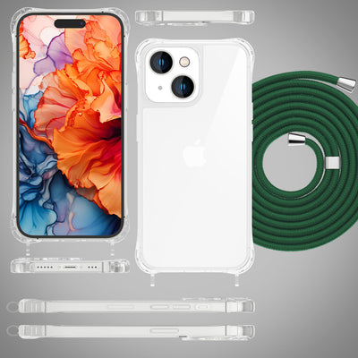 NALIA Handykette für iPhone 15 Plus – Transparentes Hybrid-Case & Band – HANGIT PRO (Anti-Gelb Rückseite & Verstellbar) – Marke aus Berlin Dunkel-Grün NALIA Transparente Hülle