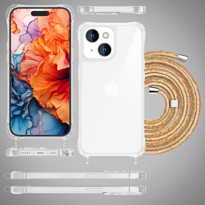 NALIA Handykette für iPhone 15 Plus – Transparentes Hybrid-Case & Band – HANGIT PRO (Anti-Gelb Rückseite & Verstellbar) – Marke aus Berlin Regenbogen NALIA Transparente Hülle