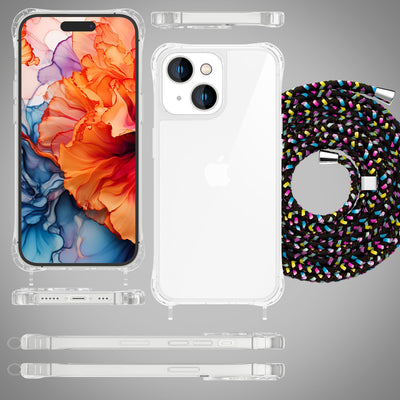 NALIA Handykette für iPhone 15 Plus – Transparentes Hybrid-Case & Band – HANGIT PRO (Anti-Gelb Rückseite & Verstellbar) – Marke aus Berlin Schwarz Bunt NALIA Transparente Hülle