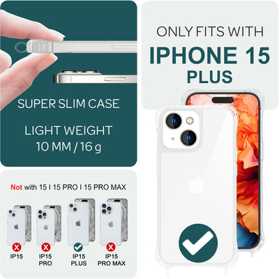 NALIA Handykette für iPhone 15 Plus – Transparentes Hybrid-Case & Band – HANGIT PRO (Anti-Gelb Rückseite & Verstellbar) – Marke aus Berlin Schwarz Bunt NALIA Transparente Hülle