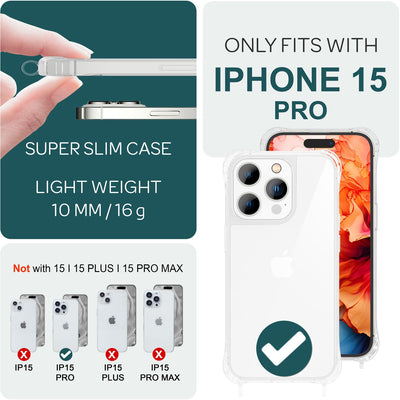 NALIA Handykette für iPhone 15 Pro – Transparentes Hybrid-Case & Band – HANGIT PRO (Anti-Gelb Rückseite & Verstellbar) – Marke aus Berlin Schwarz Bunt NALIA Transparente Hülle